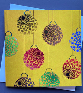 Baubles on Yellowy Gold Christmas Card